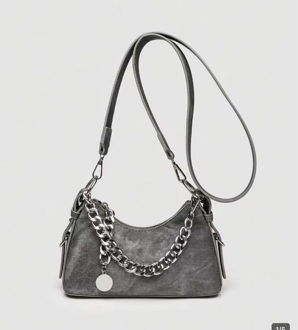 YOZ IOZI Gray Small Crescent Shoulder/Crossbody Bag Zip Chain Detachable Strap